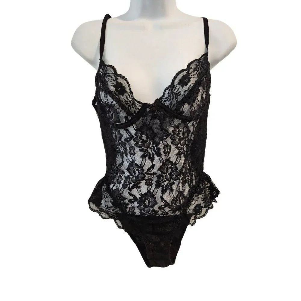 Vintage 90s Willi Wear Intimates Womens Black Lace Peekaboo Teddy M Sexy